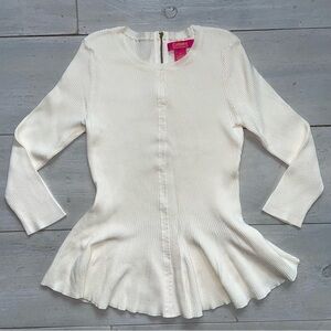 Catherine Malandrino Women's Peplum Sweater Size M Off White Ribbed Back Zipper